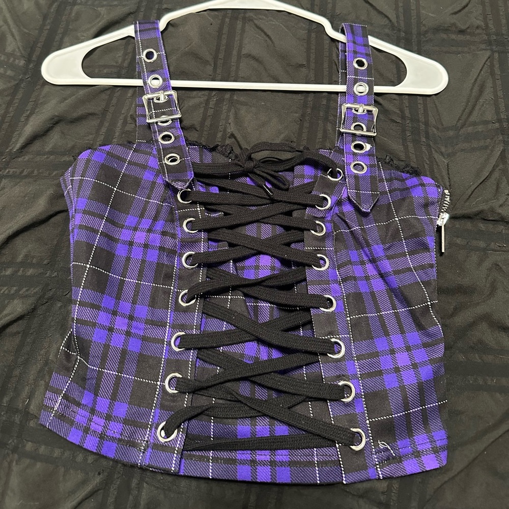 Dolls Kill Purple Plaid Lace-Up Crop Top